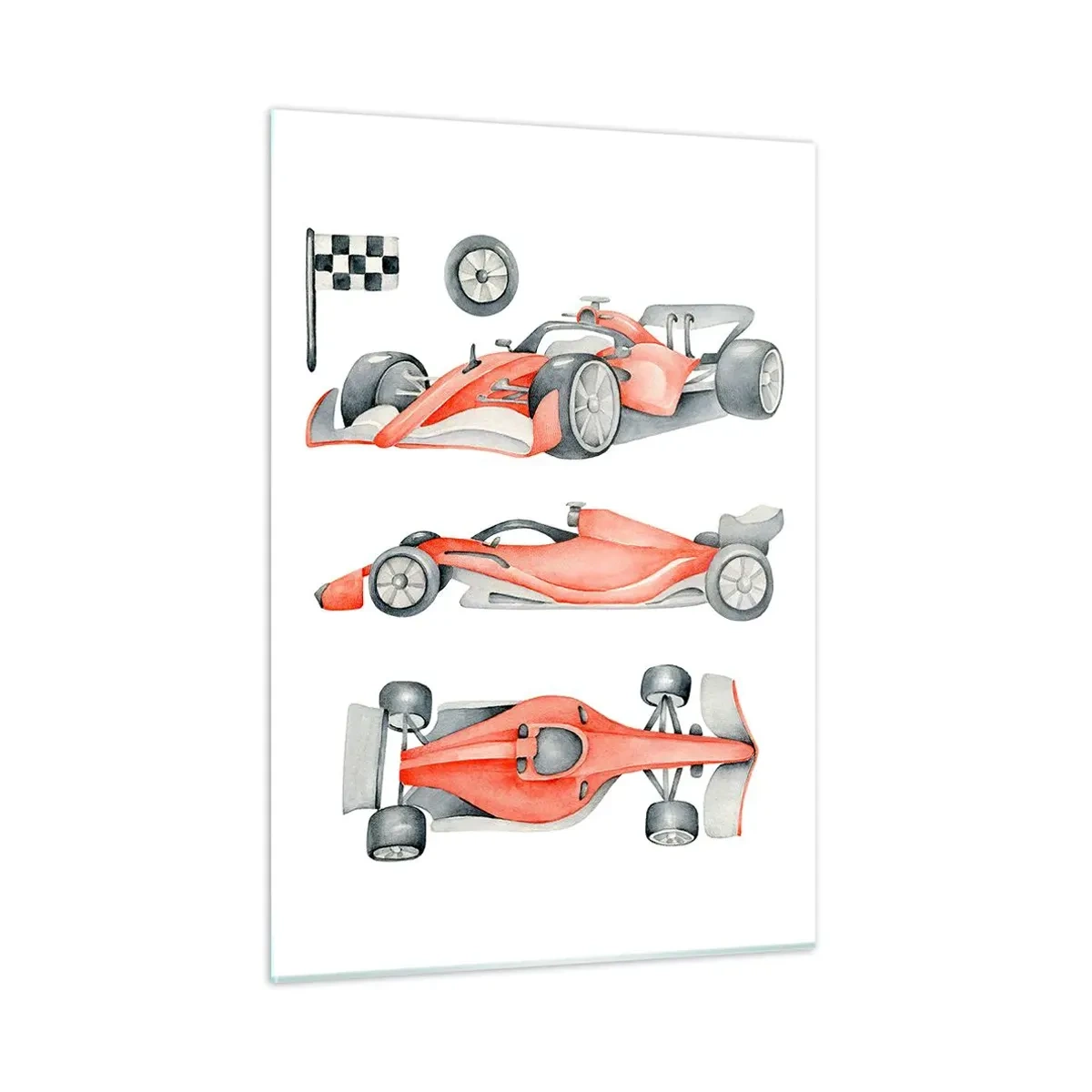Obraz na szkle - Ilustracja czerwonego bolidu w trzech ujęciach z flagą wyścigową - 50x70cm - Doścignąć marzenie - Nowoczesna dekoracja ścienna do salonu, kuchni i sypialni ARTTOR