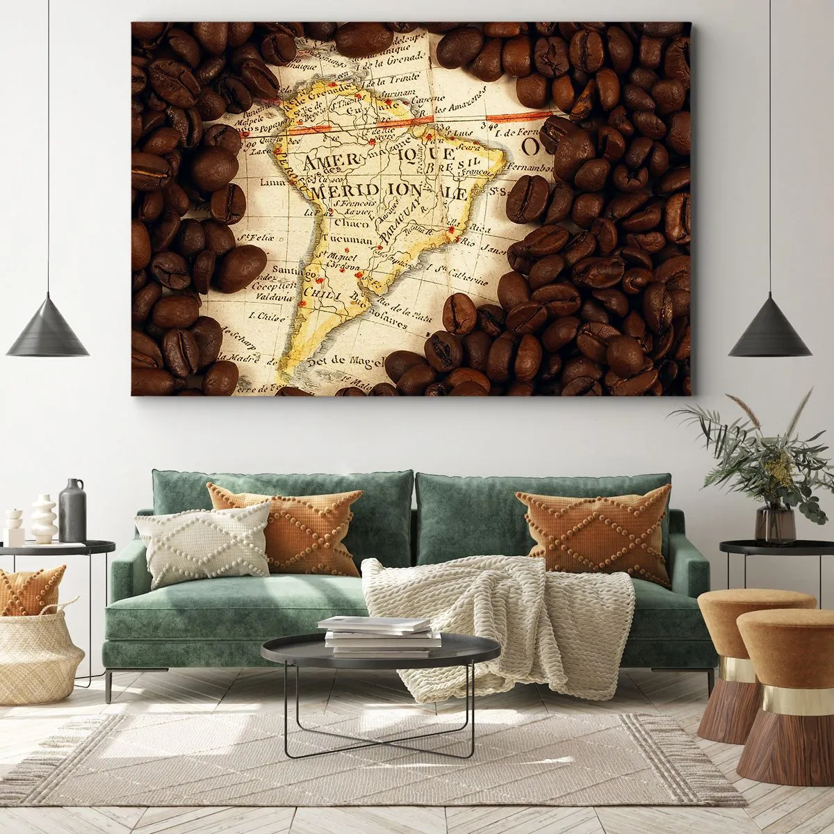 Obraz na płótnie - Mapa Ameryki Południowej otoczona ziarnami kawy - 70x50cm - Skąd pochodzi najlepsza kawa? - Nowoczesna dekoracja ścienna do salonu i sypialni ARTTOR