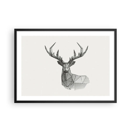 Plakat w czarnej ramie - Geometryczny wizerunek jelenia w minimalistycznym czarno-białym stylu - 70x50cm - Jeleń w kubistycznym stylu - Nowoczesna dekoracja ścienna do salonu i sypialni ARTTOR