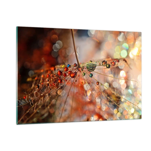 Obraz na szkle - Krople wody na delikatnej pajęczynie w świetle bokeh - 120x80cm - Nanizane na pajęczą nić - Nowoczesna dekoracja ścienna do salonu, kuchni i sypialni ARTTOR