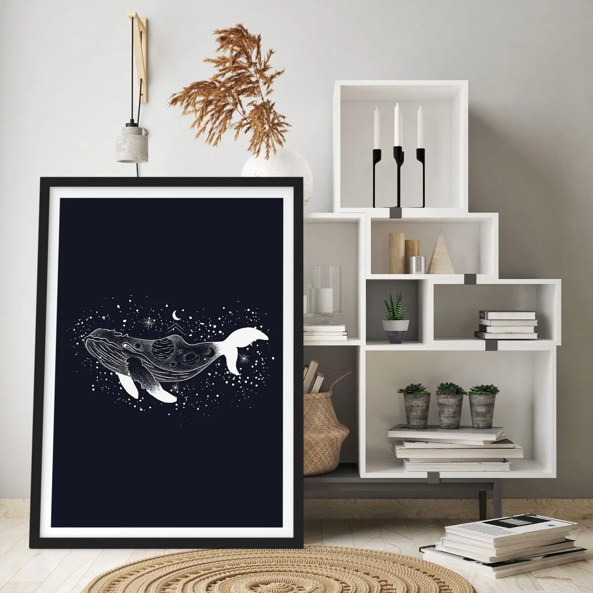 Plakat w czarnej ramie - Kosmiczny wieloryb w stylu graficznym na czarnym tle - 50x70cm - W oceanie wszechświata - Nowoczesna dekoracja ścienna do salonu i sypialni ARTTOR