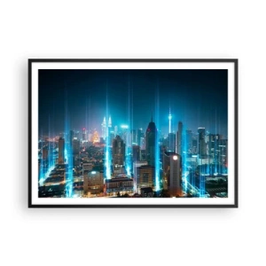 Plakat w czarnej ramie - Nowoczesne miasto nocą z futurystycznymi świetlnymi akcentami - 100x70cm - Po berlińsku do nieba - Nowoczesna dekoracja ścienna do salonu i sypialni ARTTOR