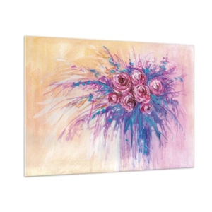 Obraz na szkle - Bukiet róż w odcieniach różu i fioletu na tle w pastelowych kolorach - 100x70cm - Różana fontanna - Nowoczesna dekoracja ścienna do salonu, kuchni i sypialni ARTTOR