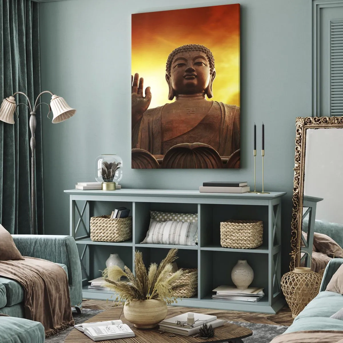 Obraz na płótnie - Posąg Buddy na tle zachodzącego słońca - 50x70cm - Spokój świata - Nowoczesna dekoracja ścienna do salonu, kuchni i sypialni ARTTOR