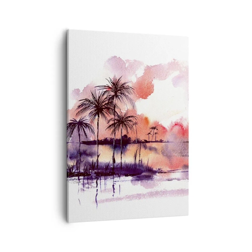 Obraz na płótnie - Tropikalne palmy odbijające się w spokojnej wodzie o ciepłych, czerwonych i fioletowych odcieniach - 50x70cm - Spokój tropików w czerwieni - Nowoczesna dekoracja ścienna do salonu, kuchni i sypialni ARTTOR
