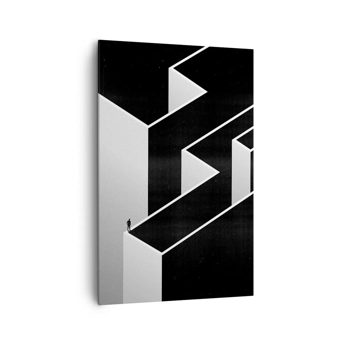 Obraz na płótnie - Czarna i biała abstrakcyjna przestrzeń z samotną postacią na krawędzi - 80x120cm - Samotność na szczycie - Nowoczesna dekoracja ścienna do salonu i sypialni ARTTOR