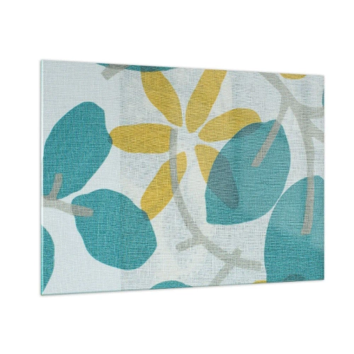 Obraz na szkle - Roślinna grafika z lazurowymi liśćmi i żółtymi kwiatami - 100x70cm - Wśród lazurowych liści - Nowoczesna dekoracja ścienna do salonu, kuchni i sypialni ARTTOR