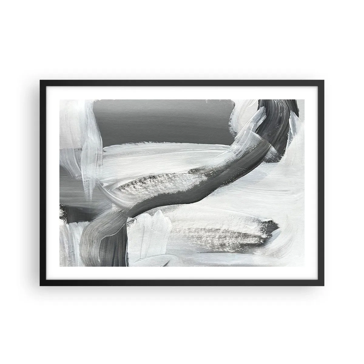 Plakat w czarnej ramie - Szaro-biała abstrakcja z dynamicznymi liniami - 70x50cm - Zdecydowanym ruchem - Nowoczesna dekoracja ścienna do salonu i sypialni ARTTOR