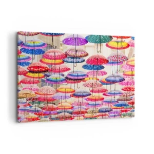 Obraz na płótnie - Kolorowe parasole zawieszone w powietrzu - 120x80cm - Miejska łąka - Nowoczesna dekoracja ścienna do salonu, kuchni i sypialni ARTTOR