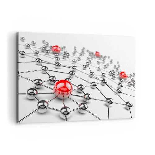 Obraz na płótnie - Sieć metalicznych kulek z czerwonymi akcentami - 100x70cm - Srebrzysta sieć - Nowoczesna dekoracja ścienna do salonu, kuchni i sypialni ARTTOR