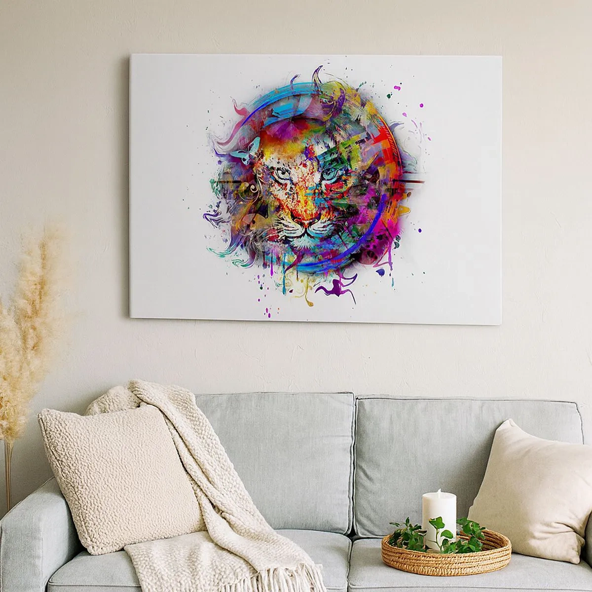 Obraz na płótnie - Kolorowy portret lwa w abstrakcyjnym stylu - 70x50cm - Czai się za tęczową zasłoną - Nowoczesna dekoracja ścienna do salonu i sypialni ARTTOR