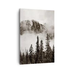 Obraz na płótnie - Malowniczy szczyt górski otoczony mgłą i lasem w odcieniach sepia - 70x100cm - Granitowy władca - Nowoczesna dekoracja ścienna do salonu i sypialni ARTTOR