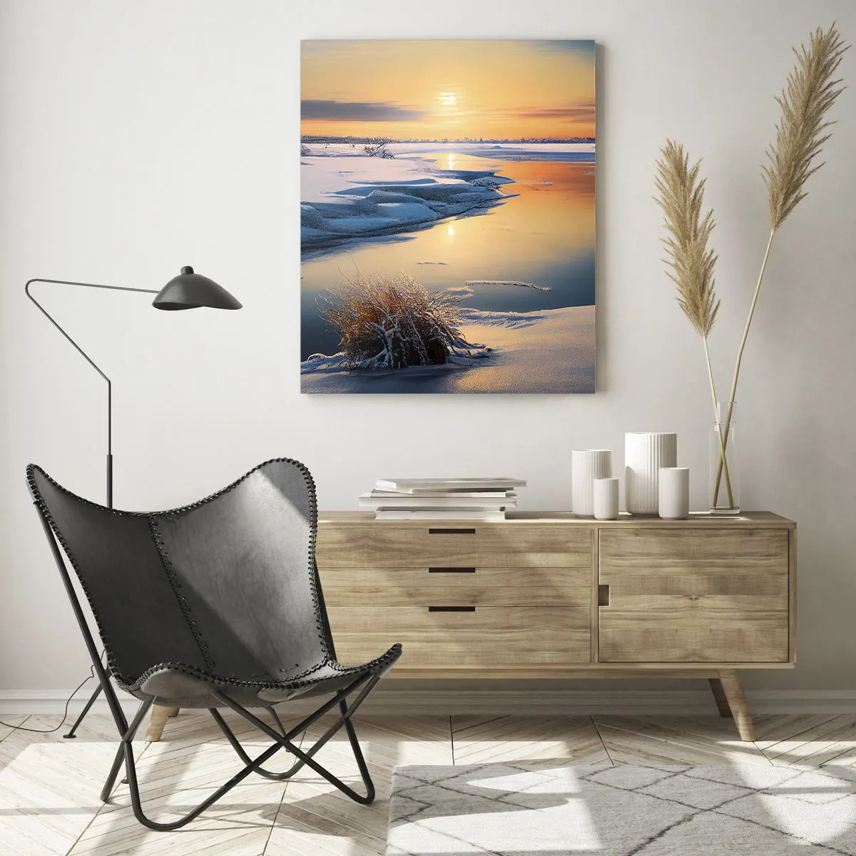 Obraz na szkle - Zimowy krajobraz z zachodem słońca nad zamarzniętą rzeką - 50x70cm - Zimowy zachód słońca - Nowoczesna dekoracja ścienna do salonu, kuchni i sypialni ARTTOR