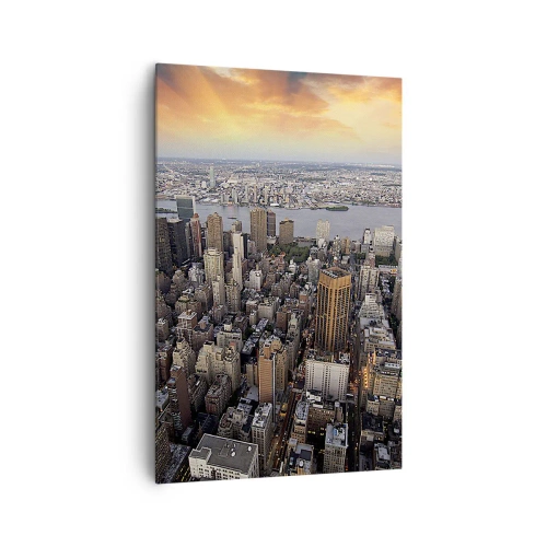 Obraz na płótnie - Widok na metropolię z zachodzącym słońcem - 80x120cm - Bijące serce naszych czasów - Nowoczesna dekoracja ścienna do salonu i sypialni ARTTOR