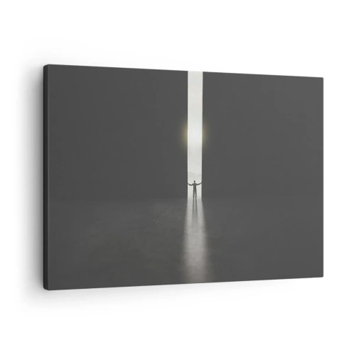 Obraz na płótnie - Człowiek stojący w świetle wąskiej szczeliny w ciemnej przestrzeni - 70x50cm - Krok do jasnej przyszłości - Nowoczesna dekoracja ścienna do salonu i sypialni ARTTOR