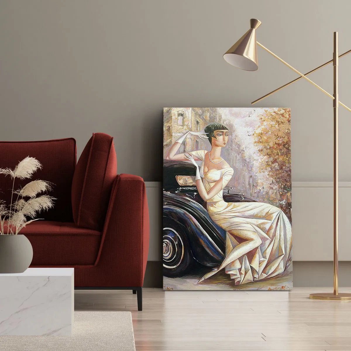 Obraz na płótnie - Kobieta w stylu retro obok klasycznego samochodu - 70x100cm - Elegancja w stylu retro - Nowoczesna dekoracja ścienna do salonu i sypialni ARTTOR