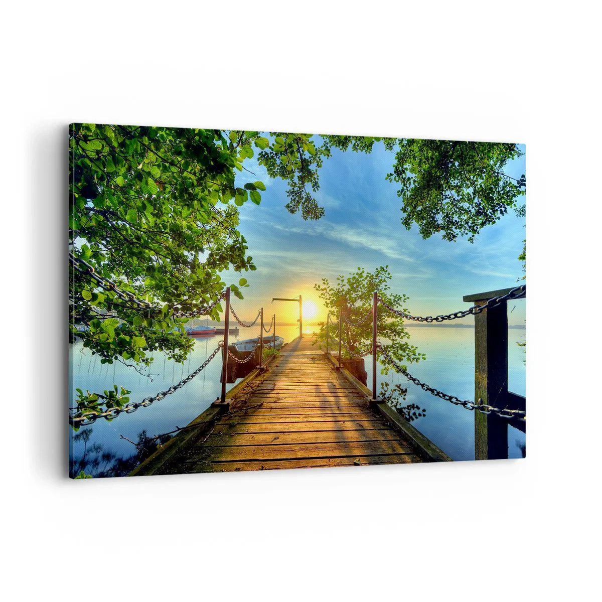 Obraz na płótnie - Pomost nad jeziorem w promieniach zachodu słońca - 120x80cm - Zachód nad wodą - Nowoczesna dekoracja ścienna do salonu, kuchni i sypialni ARTTOR
