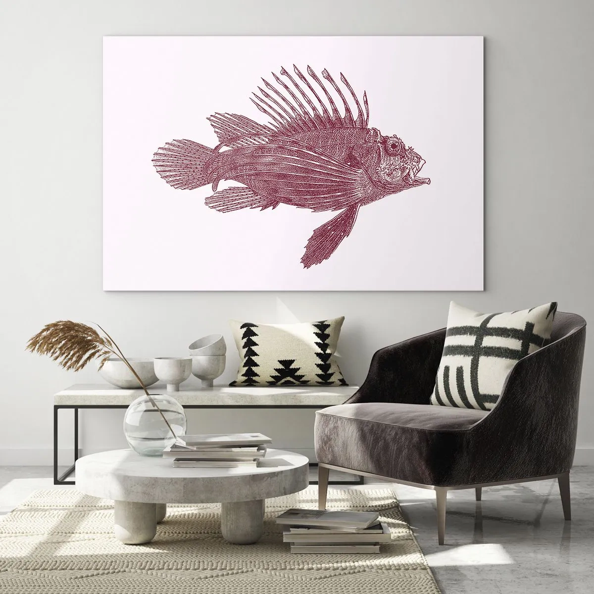 Obraz na szkle - Szkic egzotycznej ryby w bordowym kolorze na jasnym tle - 70x50cm - Mieszkanka egzotycznych wód - Nowoczesna dekoracja ścienna do salonu i sypialni ARTTOR