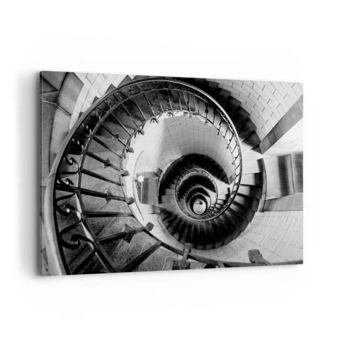 Obraz na płótnie - Czarno-biała fotografia spiralnych schodów z perspektywą z góry - 120x80cm - Wyżej i wyżej - Nowoczesna dekoracja ścienna do salonu, kuchni i sypialni ARTTOR