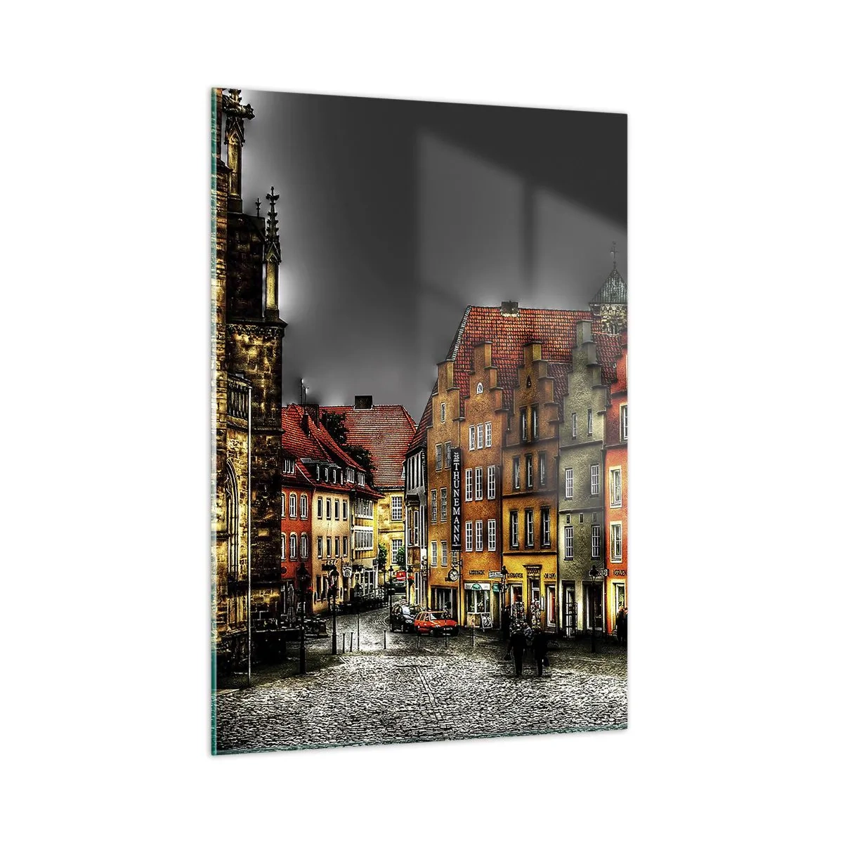 Obraz na szkle - Kolorowe kamienice na tle pochmurnego nieba - 50x70cm - Brakuje tylko zaczarowanej dorożki - Nowoczesna dekoracja ścienna do salonu, kuchni i sypialni ARTTOR
