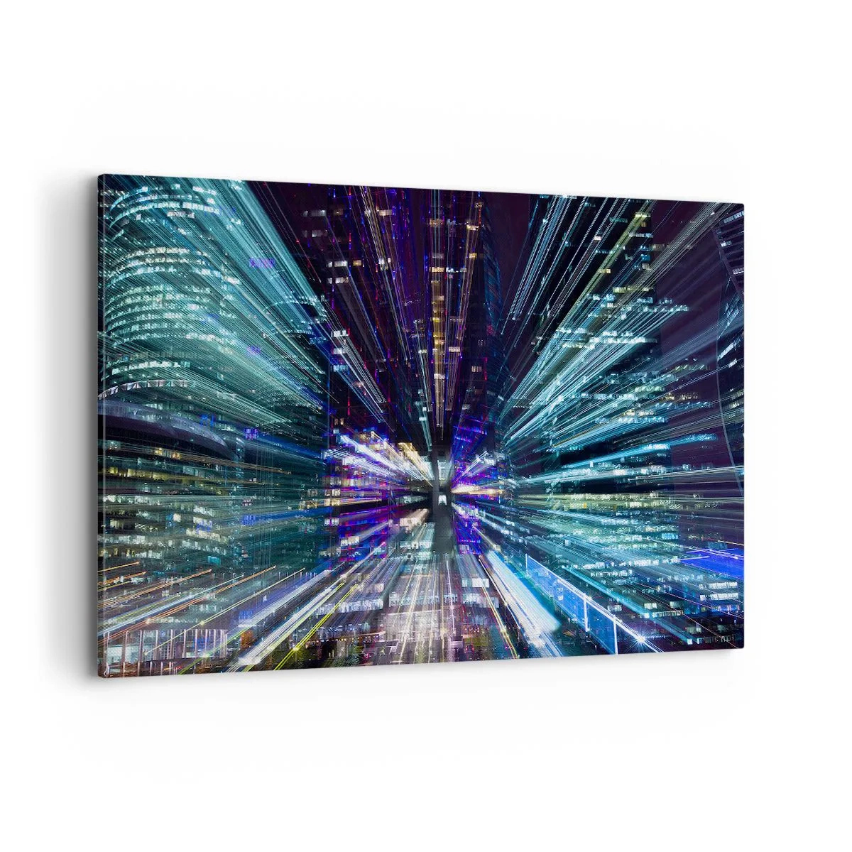 Obraz na płótnie - Dynamiczny widok miasta nocą z efektem świetlnym - 100x70cm - Przejście w nadprzestrzeń - Nowoczesna dekoracja ścienna do salonu, kuchni i sypialni ARTTOR