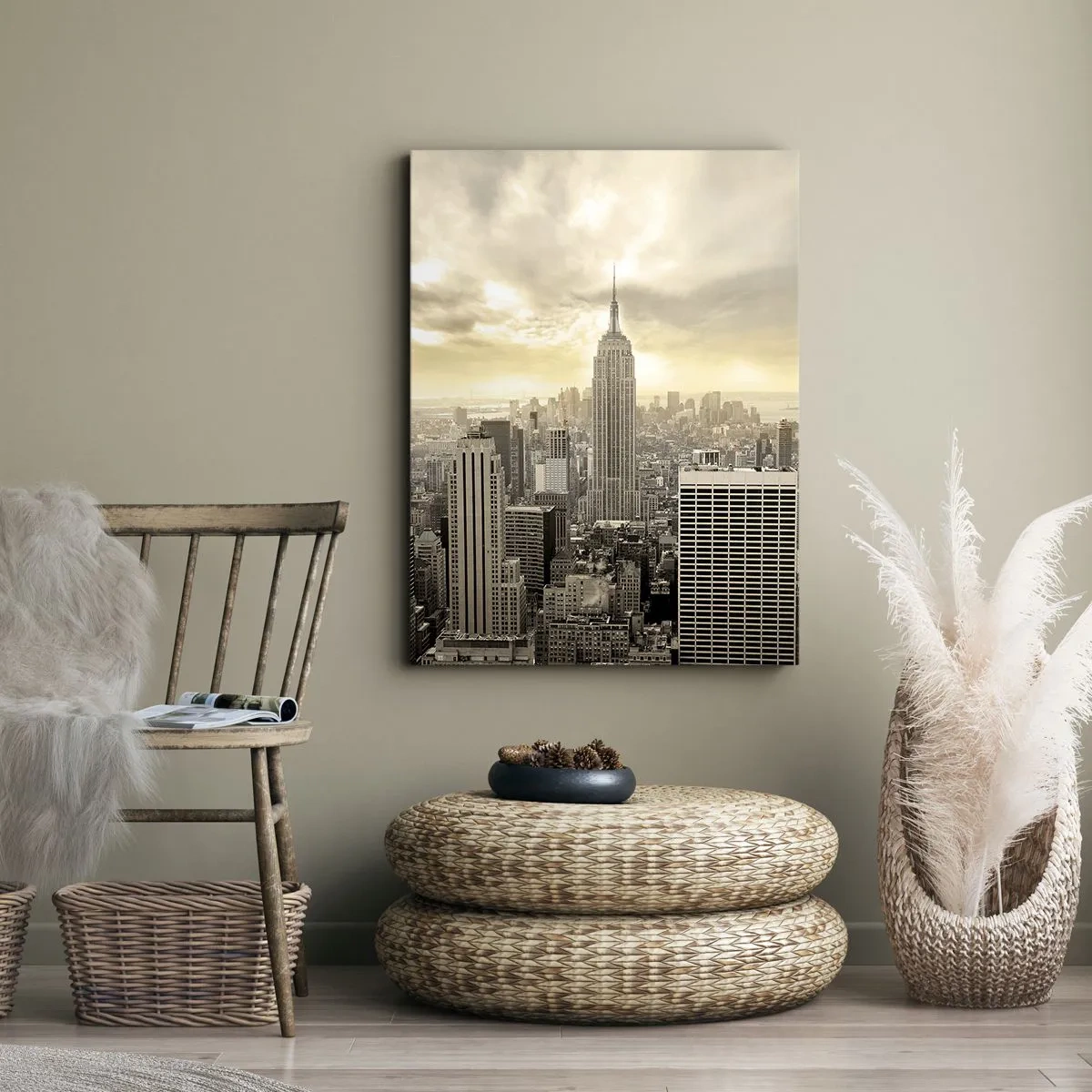Obraz na płótnie - Panorama miasta z widokiem na Empire State Building - 80x120cm - Nowy Jork utkany z szarości - Nowoczesna dekoracja ścienna do salonu i sypialni ARTTOR