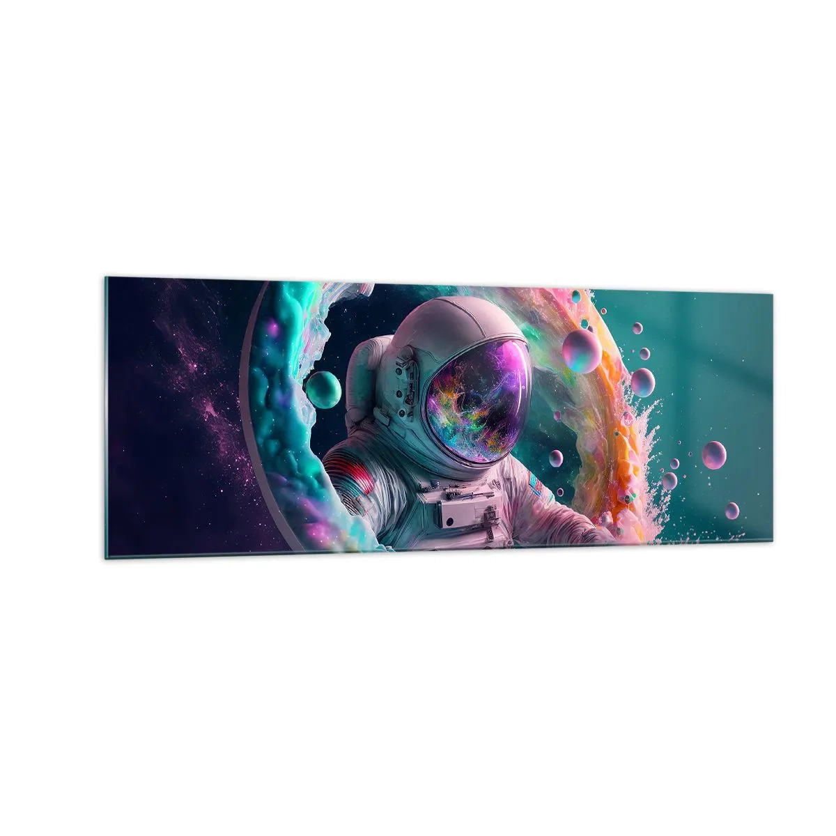 Obraz na szkle - Astronauta w kolorowej kosmicznej aurze - 140x50cm - Gwiezdne wrota - Nowoczesna dekoracja ścienna do salonu i sypialni ARTTOR