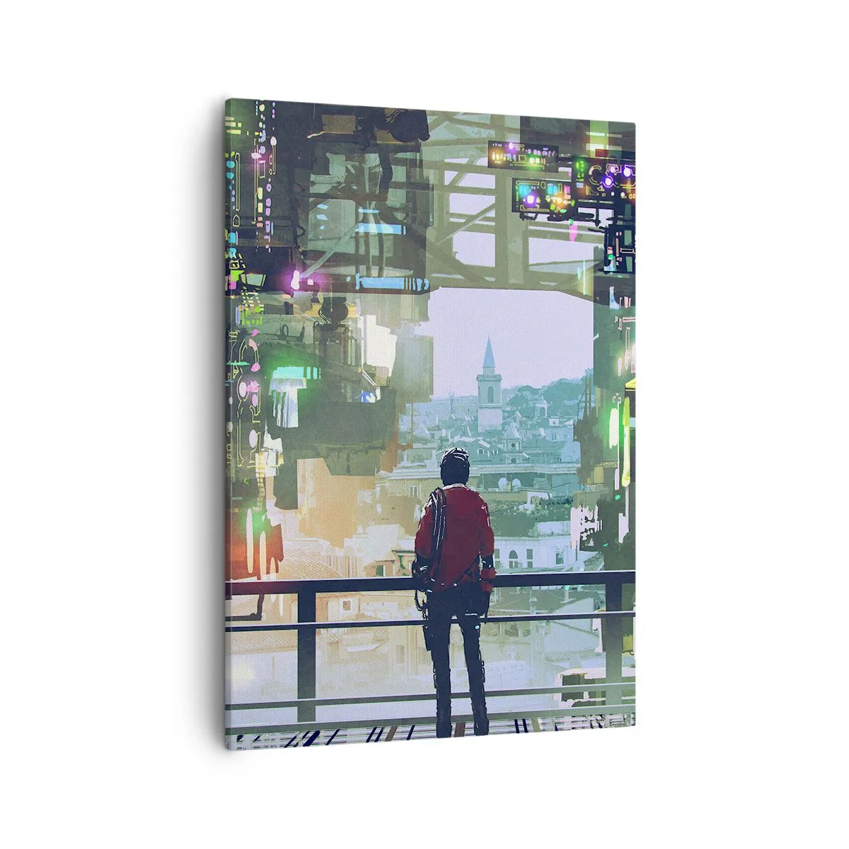 Obraz na płótnie - Postać w czerwonej kurtce patrząca na futurystyczne miasto - 50x70cm - Dwa światy - Nowoczesna dekoracja ścienna do salonu, kuchni i sypialni ARTTOR