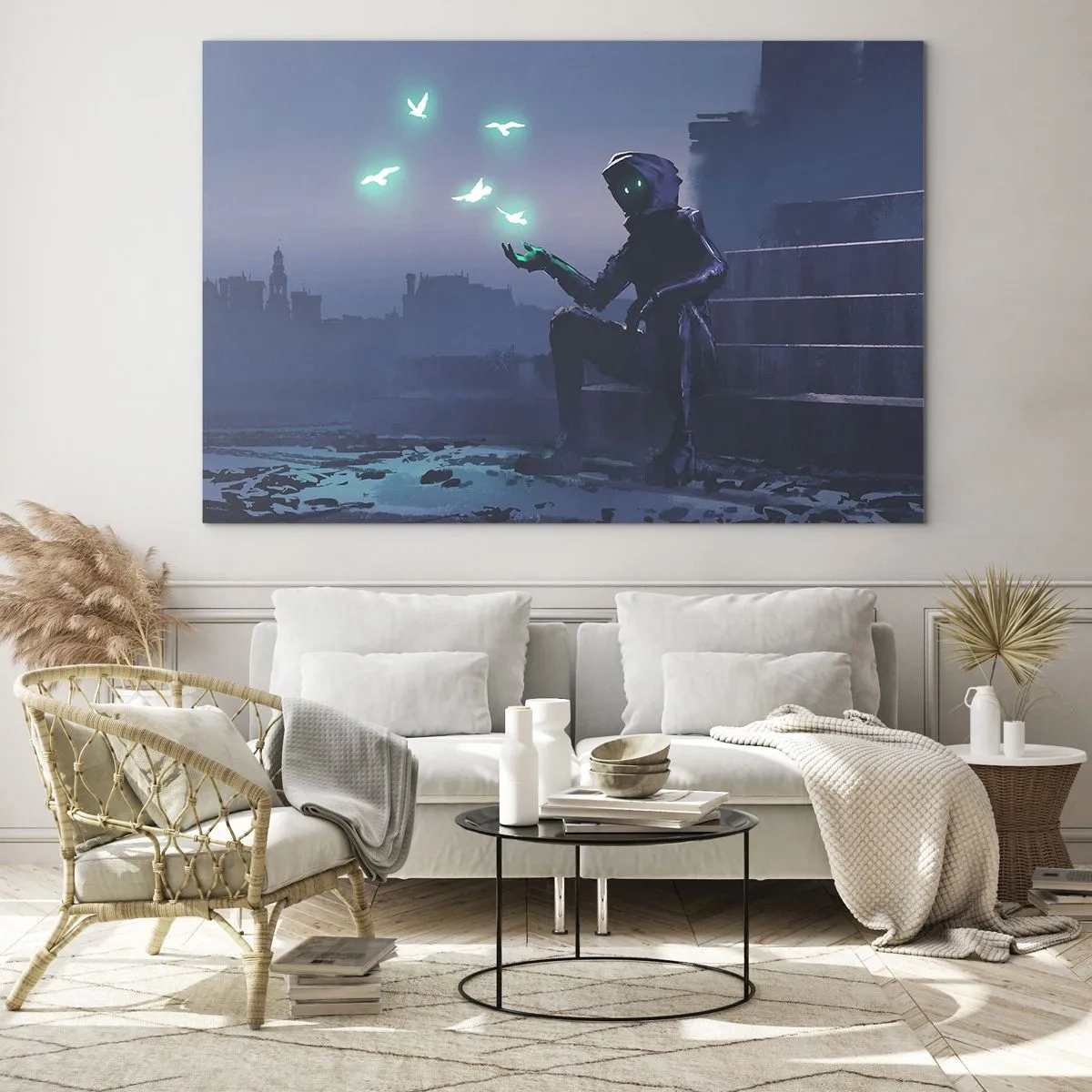 Obraz na szkle - Postać w ciemności otoczona unoszącymi się zielonymi ptakami - 70x50cm - Życie powróci - Nowoczesna dekoracja ścienna do salonu i sypialni ARTTOR