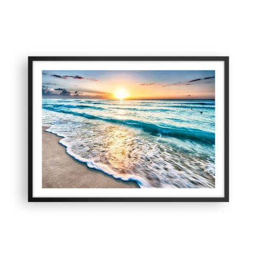 Plakat w czarnej ramie - Wschód słońca nad spokojną plażą z falami - 70x50cm - Widok wart zachodu - Nowoczesna dekoracja ścienna do salonu i sypialni ARTTOR