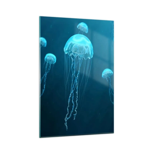 Obraz na szkle - Meduzy unoszące się w głębinach oceanu w niebieskiej tonacji - 80x120cm - Oceaniczny taniec - Nowoczesna dekoracja ścienna do salonu i sypialni ARTTOR