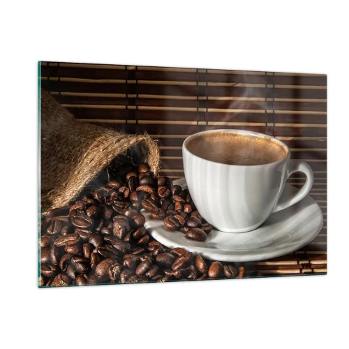 Obraz na szkle - Filiżanka kawy z ziarnami na rustykalnym tle - 120x80cm - Czarność węgla, przejrzystość bursztynu - Nowoczesna dekoracja ścienna do salonu, kuchni i sypialni ARTTOR