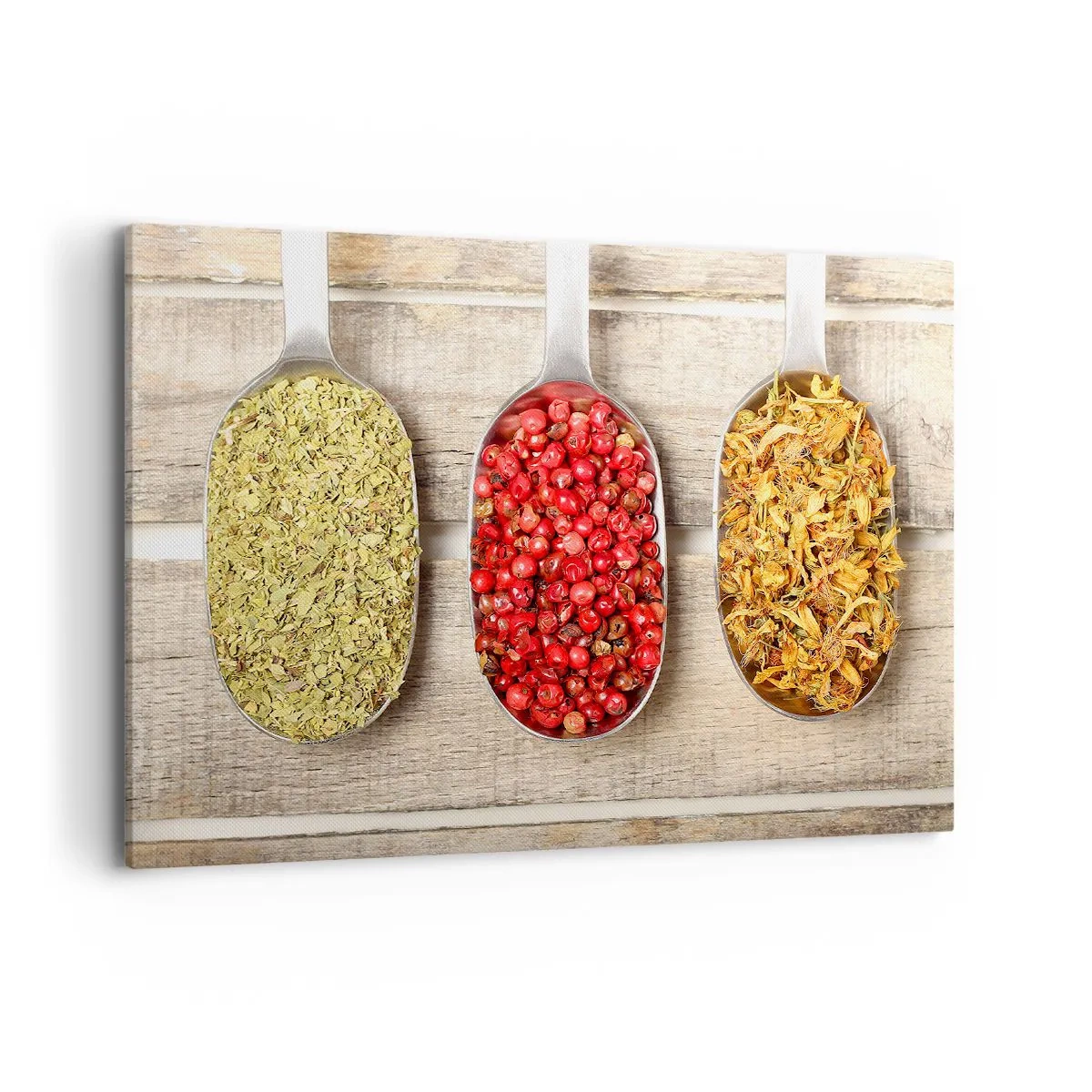 Obraz na płótnie - Trzy metalowe łyżki z przyprawami na drewnianym tle - 100x70cm - Kuchenna magia - Nowoczesna dekoracja ścienna do salonu, kuchni i sypialni ARTTOR