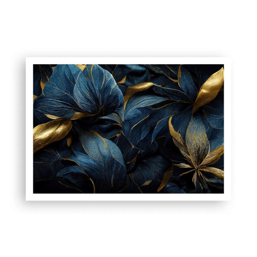 Plakat - Eleganckie liście w złotych i granatowych odcieniach - 100x70cm - Złotem podszyte - Nowoczesna dekoracja ścienna do salonu i sypialni ARTTOR