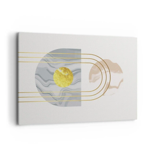 Obraz na płótnie - Abstrakcyjna kompozycja z okręgami i złotymi liniami na jasnym tle - 100x70cm - Jasność i blask - Nowoczesna dekoracja ścienna do salonu, kuchni i sypialni ARTTOR