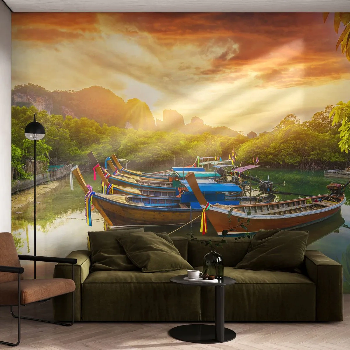 Fototapeta Premium Sand - Tradycyjne łodzie na tle tropikalnego krajobrazu o zachodzie słońca - 100x70cm - Przed pracowitym dniem - Nowoczesna dekoracja ścienna do salonu, kuchni i sypialni ARTTOR