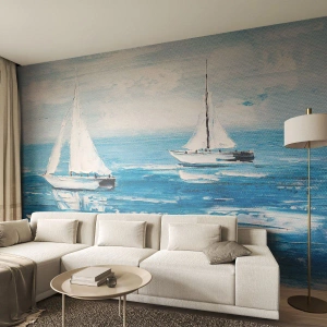 Fototapeta Standard Eco - Dwie żaglówki na spokojnym morzu w błękitnej tonacji - 100x70cm - Z przyjacielem u boku - Nowoczesna dekoracja ścienna do salonu i sypialni ARTTOR