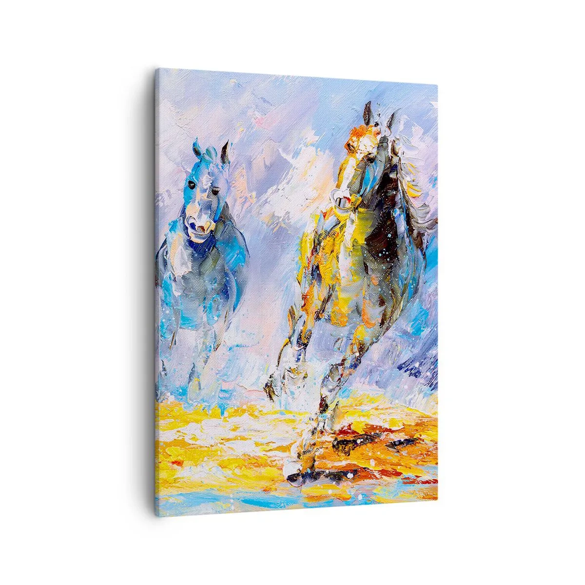 Obraz na płótnie - Kolorowe konie galopujące w zimowej scenerii - 50x70cm - Galopem przez blask - Nowoczesna dekoracja ścienna do salonu, kuchni i sypialni ARTTOR