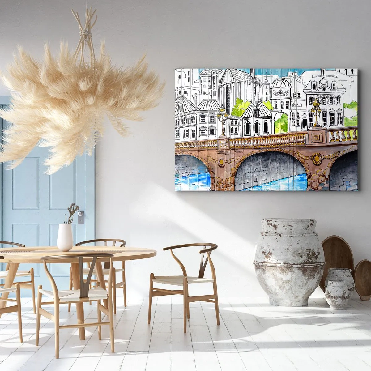 Obraz na płótnie - Rysunek mostu i zabytkowej architektury miejskiej - 70x50cm - Miasto jak malowane - Nowoczesna dekoracja ścienna do salonu i sypialni ARTTOR