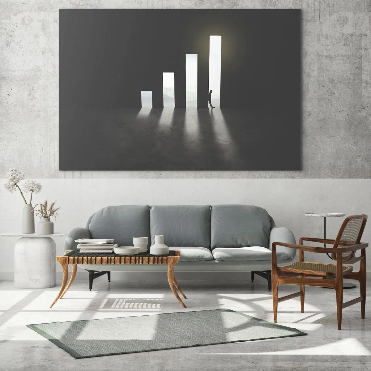 Obraz na szkle - Człowiek w świetle wzrostu symbolizującego rozwój - 70x50cm - Sukces – impresja - Nowoczesna dekoracja ścienna do salonu i sypialni ARTTOR