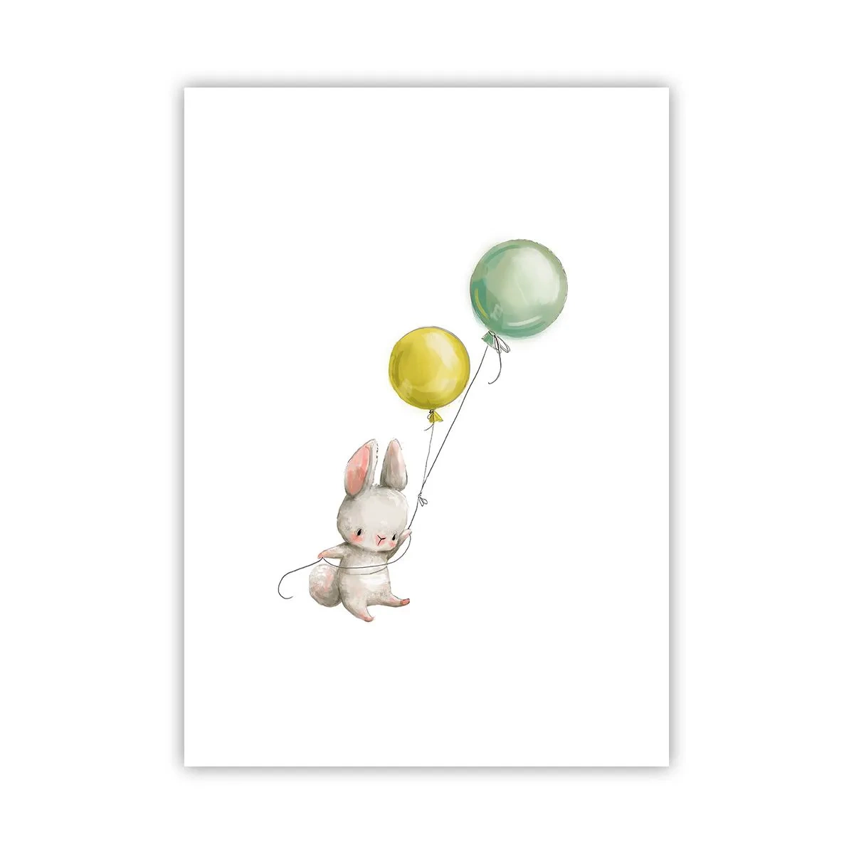 Plakat - Królik trzymający dwa balony w zielonym i żółtym kolorze - 50x70cm - Też polecę! - Nowoczesna dekoracja ścienna do salonu, kuchni i sypialni ARTTOR