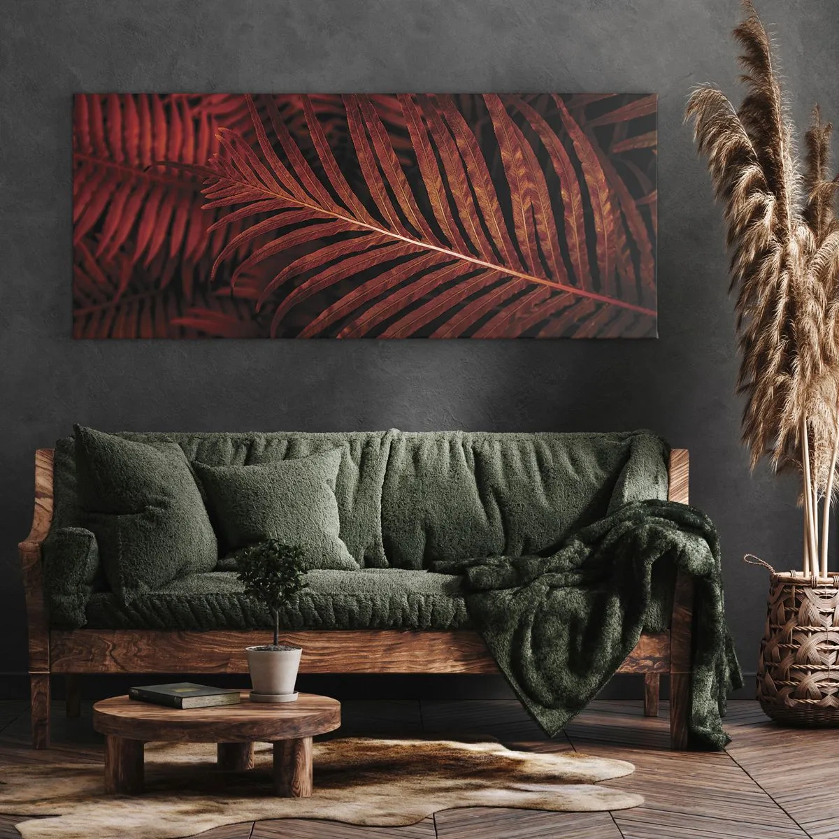 Obraz na płótnie - Czerwone tropikalne liście w zbliżeniu - 160x50cm - Żar życia - Nowoczesna dekoracja ścienna do salonu i sypialni ARTTOR