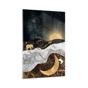 Obraz na szkle - Złoty księżyc, słońce i słonie na tle marmurowych gór i nocnego nieba - 80x120cm - Odwieczne prawa - Nowoczesna dekoracja ścienna do salonu i sypialni ARTTOR