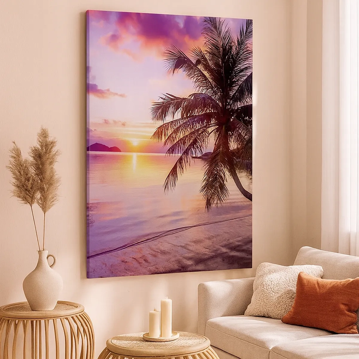 Obraz na płótnie - Tropikalna plaża z palmą o zachodzie słońca - 50x70cm - Błogość aż po horyzont - Nowoczesna dekoracja ścienna do salonu, kuchni i sypialni ARTTOR