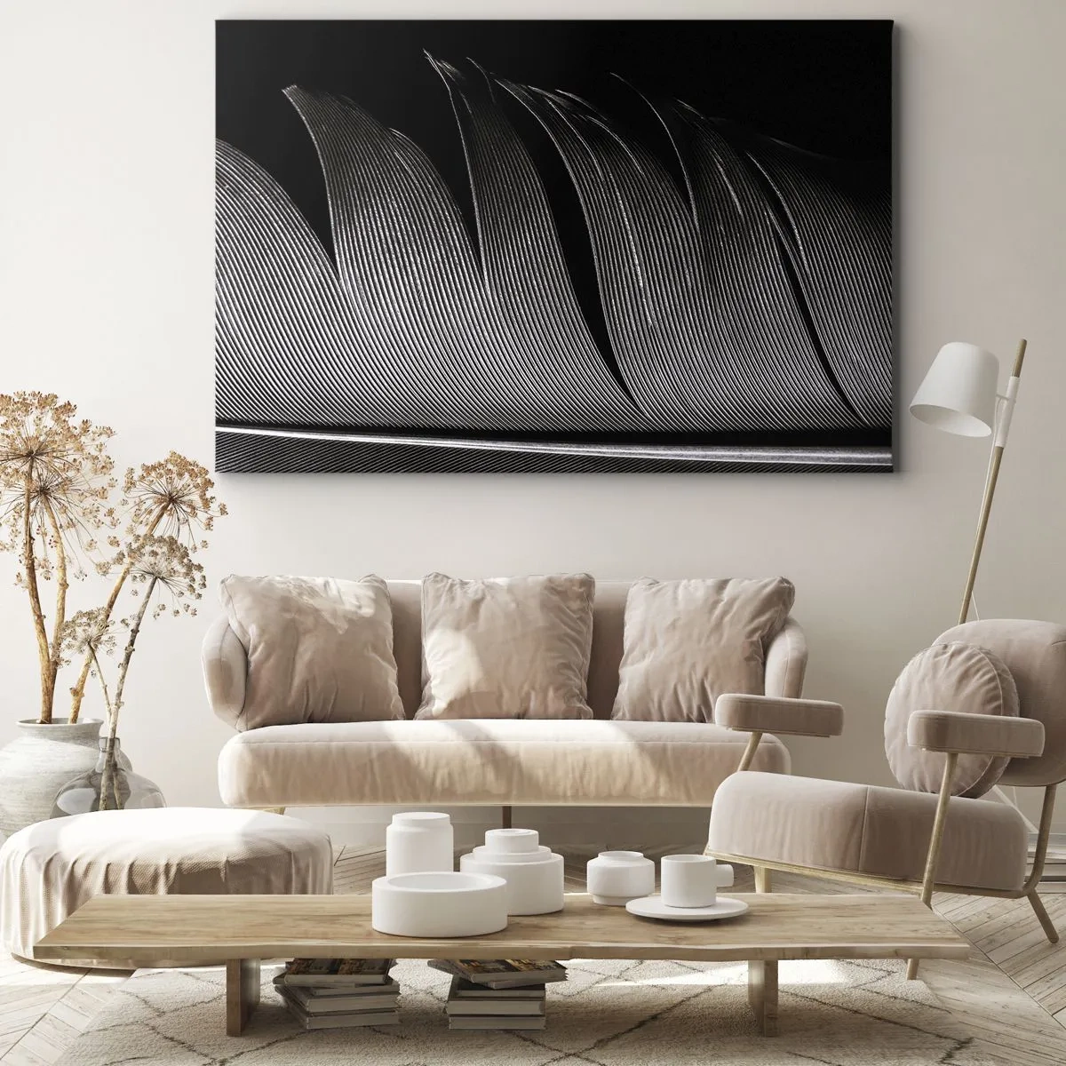 Obraz na płótnie - Czarno-biała tekstura pióra w minimalistycznym stylu - 70x50cm - Pióro – cudowna konstrukcja - Nowoczesna dekoracja ścienna do salonu i sypialni ARTTOR