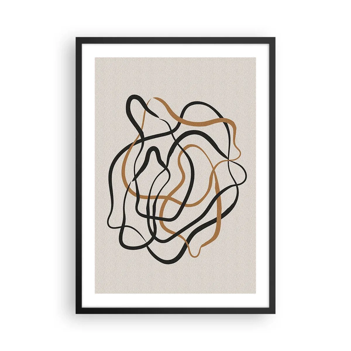 Plakat w czarnej ramie - Abstrakcyjne splątane linie w czerni i złocie na beżu - 50x70cm - Wszystko się pokręciło - Nowoczesna dekoracja ścienna do salonu i sypialni ARTTOR