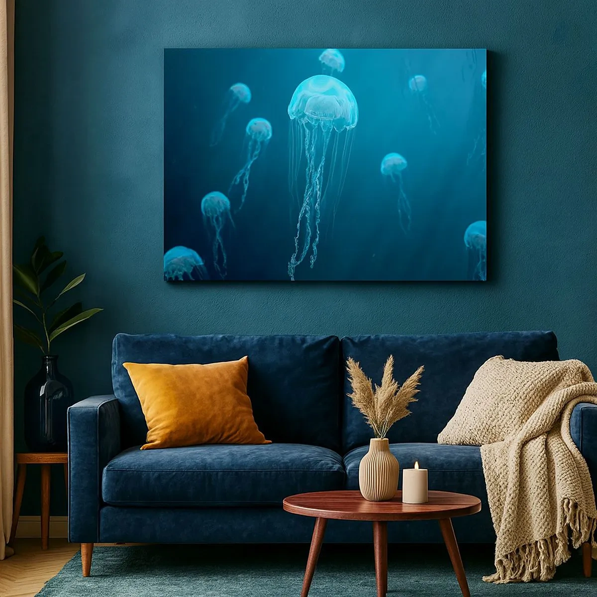 Obraz na płótnie - Meduzy unoszące się w głębinach oceanu w niebieskiej tonacji - 70x50cm - Oceaniczny taniec - Nowoczesna dekoracja ścienna do salonu i sypialni ARTTOR
