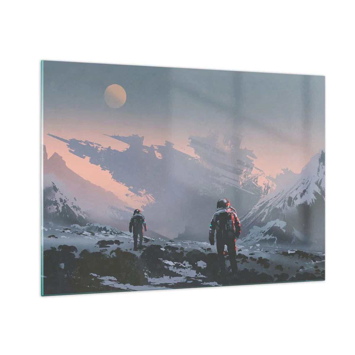 Obraz na szkle - Astronauci na obcej planecie z wrakiem statku w tle - 100x70cm - Pod nieznaną gwiazdą - Nowoczesna dekoracja ścienna do salonu, kuchni i sypialni ARTTOR