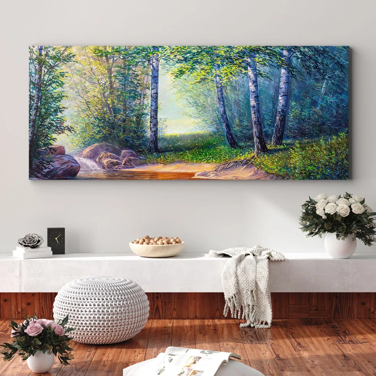 Obraz na płótnie - Leśny strumyk otoczony brzozami i słońcem - 120x50cm - Sielankowa sceneria - Nowoczesna dekoracja ścienna do salonu i sypialni ARTTOR