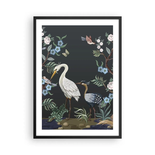 Plakat w czarnej ramie - Ilustracja ptaków wśród kwiatów na ciemnym tle - 50x70cm - Ptasia parada - Nowoczesna dekoracja ścienna do salonu i sypialni ARTTOR